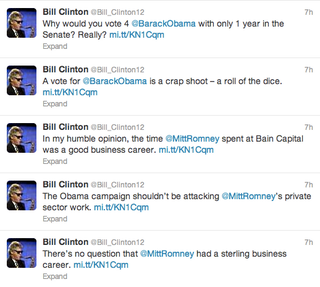 Illustration for article titled Romney Campaign Tweets From Bill Clinton Parody Account